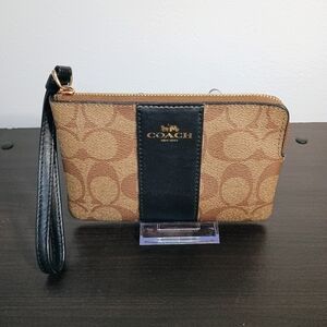 Coach Corner Zip Tan and Black Signature Canvas Wristlet